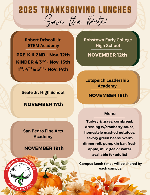 Robstown ISD Announces Thanksgiving Lunch Schedule for Families