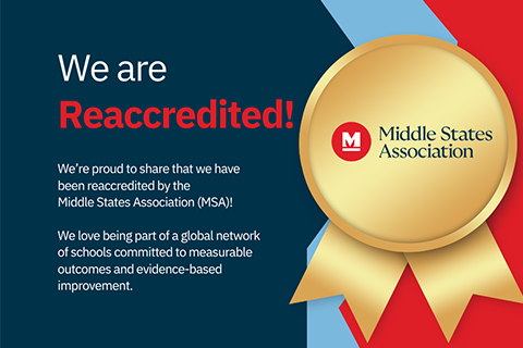graphic with gold ribbon and text We are reaccredited
