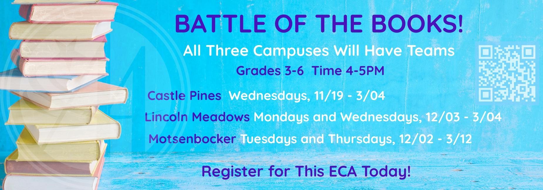 Colorful promotional banner for a reading competition with book stacks and event details.