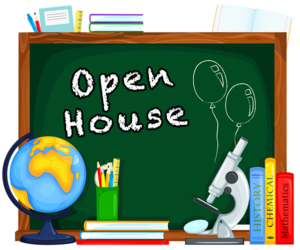 open house on chalkboard with globe