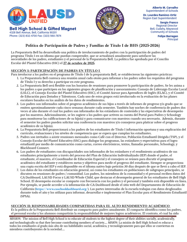 Política de Participación de Padres y Familias (2025-26)