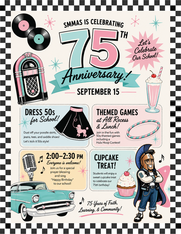 blue pink and checkered flyer with 1950's designs