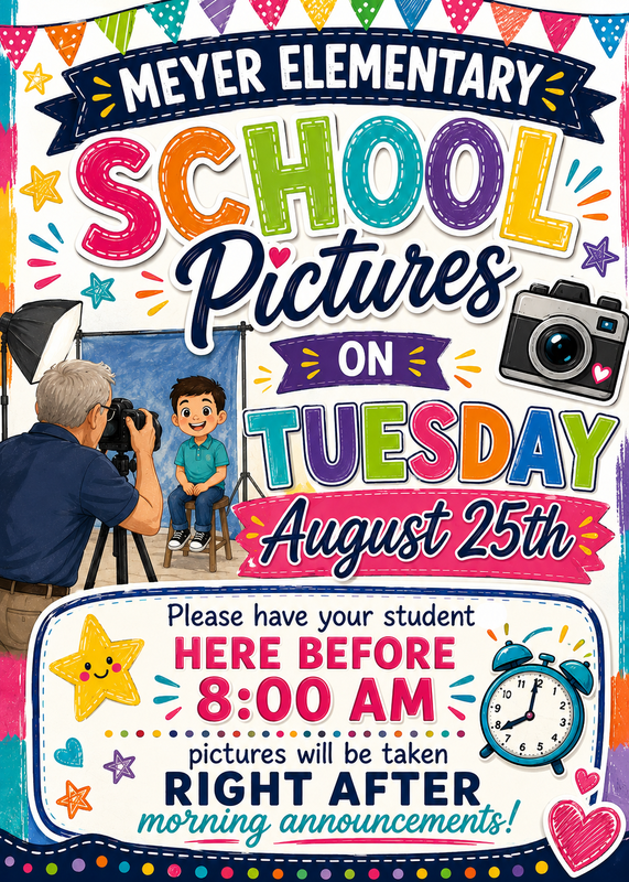 Colorful announcement for school picture day on Tuesday, August 25th.