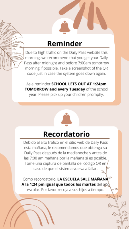 Daily Pass - Early Dismissal Tuesdays/ Pase Diario - Salida Temprana los Martes Featured Photo