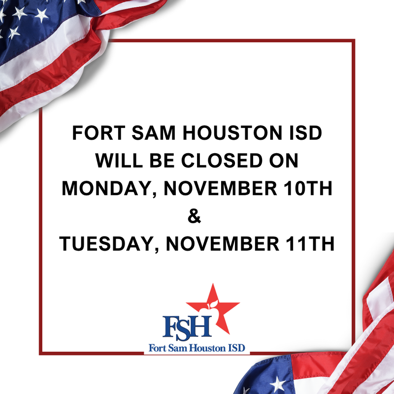 Graphic stating Veteran's Day Holiday on Monday and Tuesday. Flags waving in the corner.