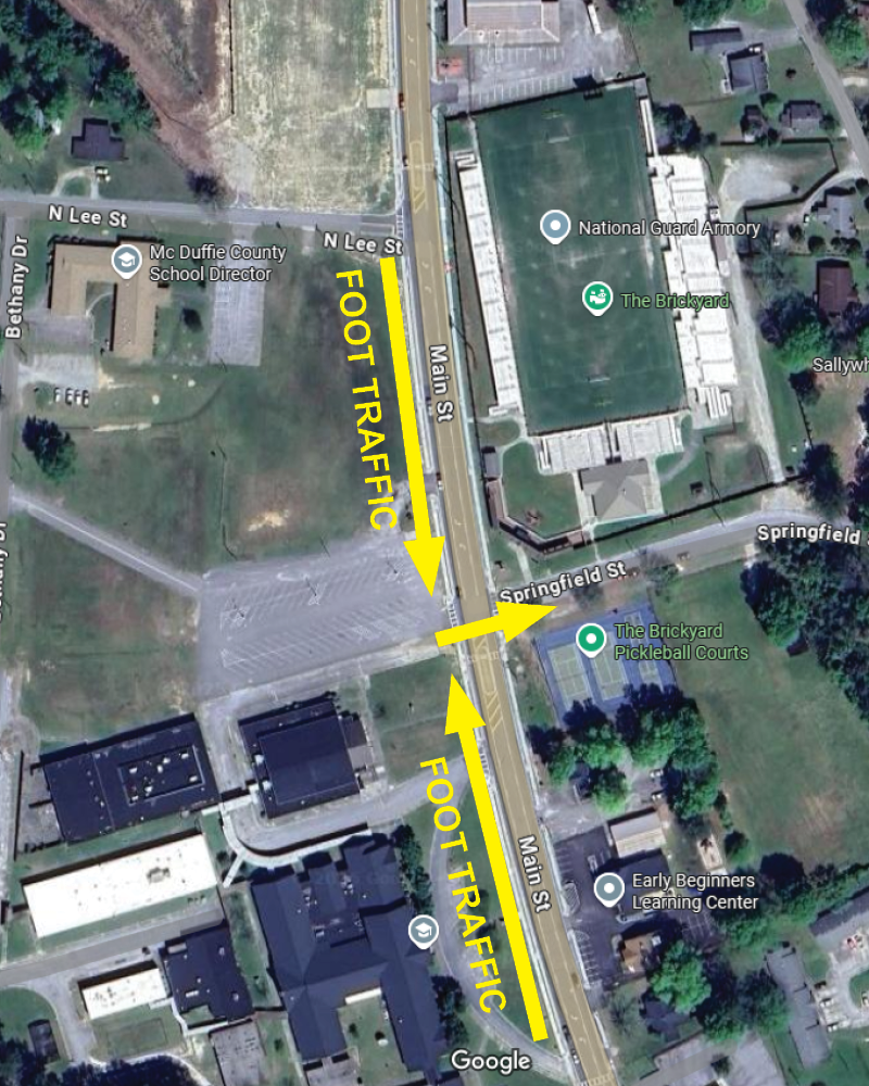A map displaying the Main Street crossing at Springfield Street