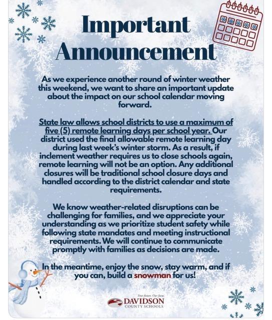 Winter Weather Calendar Information
