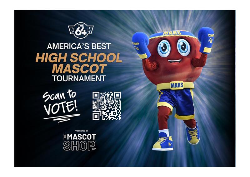 A mascot character promoting a high school mascot tournament with a QR code.