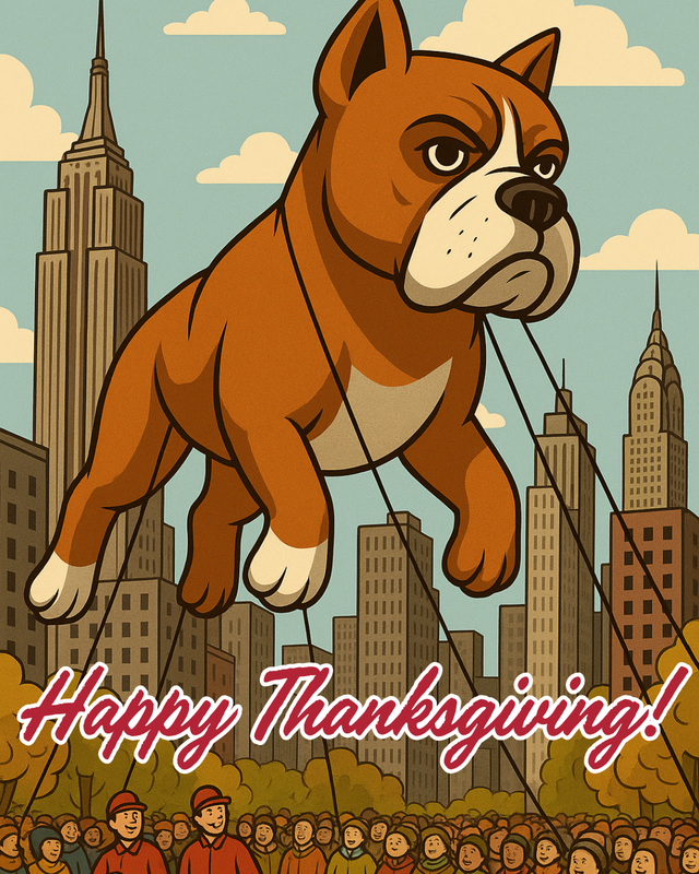 AI generated cartoon image of a boxer as a Thanksgiving parade balloon with New York skyline in background