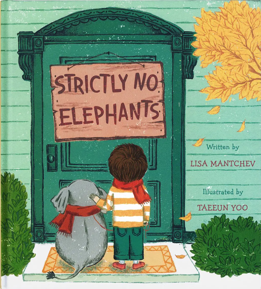 cover of Strictly No Elephants. Green door with sign and a little boy and elephant facing the door