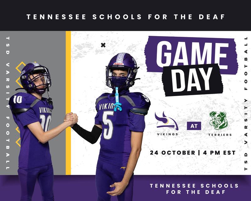 Two football players shake hands, promoting a game day event for TSD.