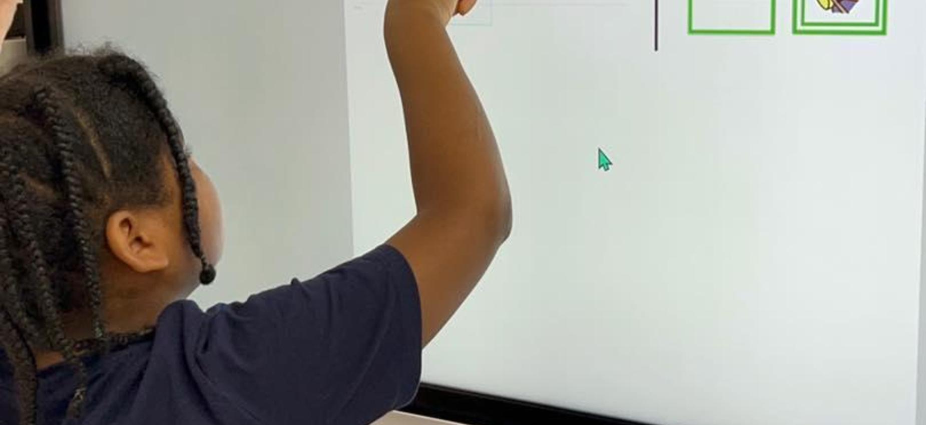 Child engaging with a display to identify images of insects.