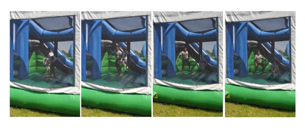 sequence of four photos showing two girls playing in an inflatable bounce house