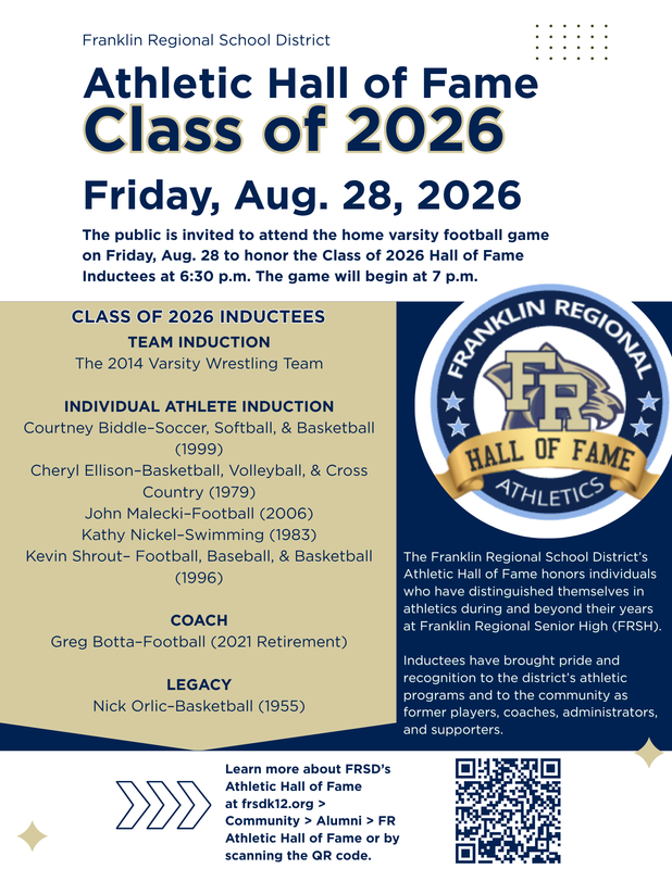 Franklin Regional Athletic Hall of Fame Class of 2026 Friday, Aug. 28, 2026.