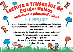 Un anuncio para la semana de "Read Across America" en la Primaria Nuview que presenta días de disfraces inspirados en el Dr. Seuss del 2 al 6 de marzo. El programa incluye temas de calcetines locos, sombreros, peinados divertidos, profesiones futuras y pijamas, basados en cuentos clásicos de Seuss.