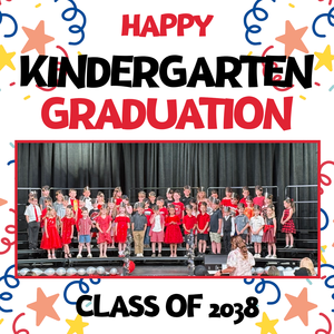 Children in red dresses celebrate kindergarten graduation on stage.