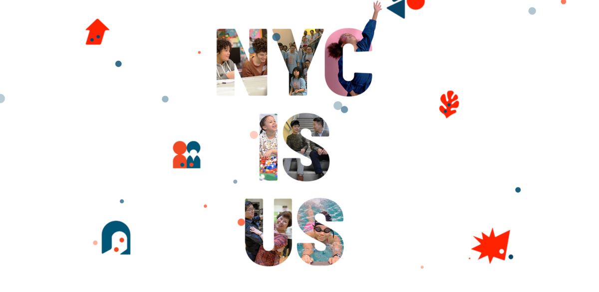 Colorful graphic with NYC IS US text and diverse community images.