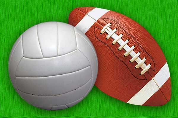 A volleyball and football resting on a textured green background.