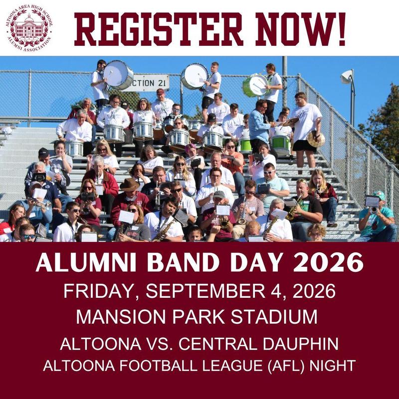 Alumni Band members sitting in the bleachers