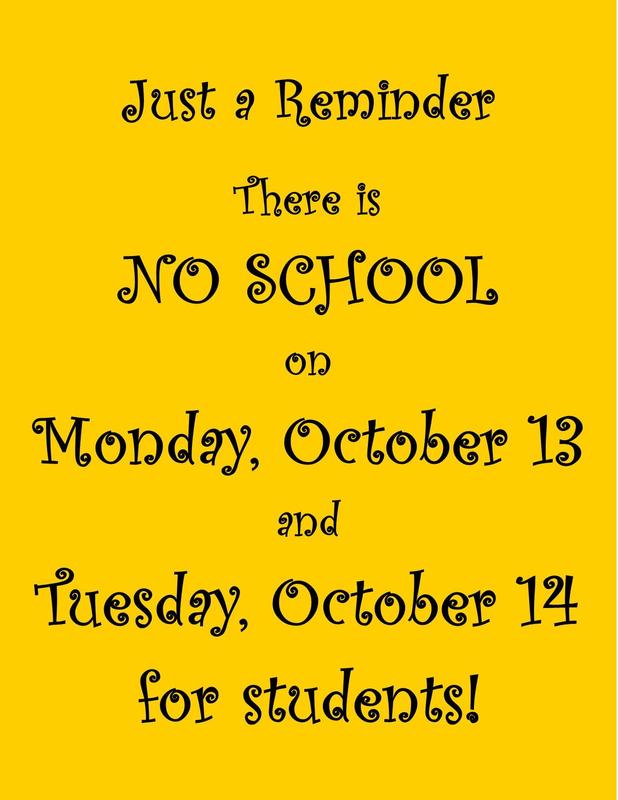 No School for Students on Monday and Tuesday, October 13 and 14