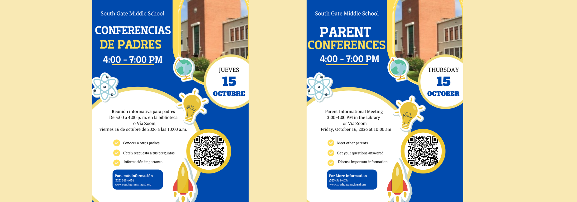 Parent Conference Night on October 15th from 4:00 PM to 7:00 PM. Parent Meeting will be held in the Library from 3:00 to 4:00 PM to receive information regarding Culmination, IGPs, grades, etc.