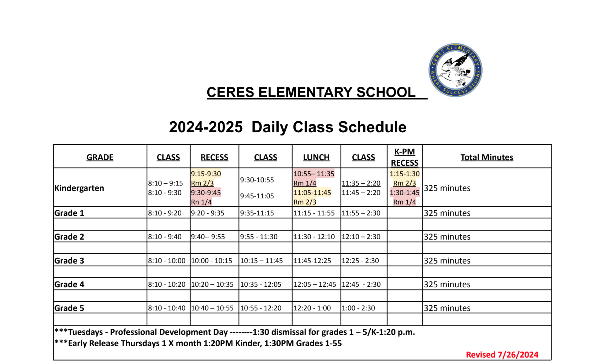 Daily Schedule Family Resources Ceres Elementary School