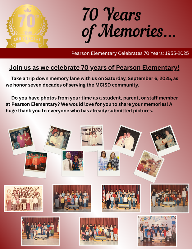 Pearson Elementary Is Turning 70!  Click Here For More Information!