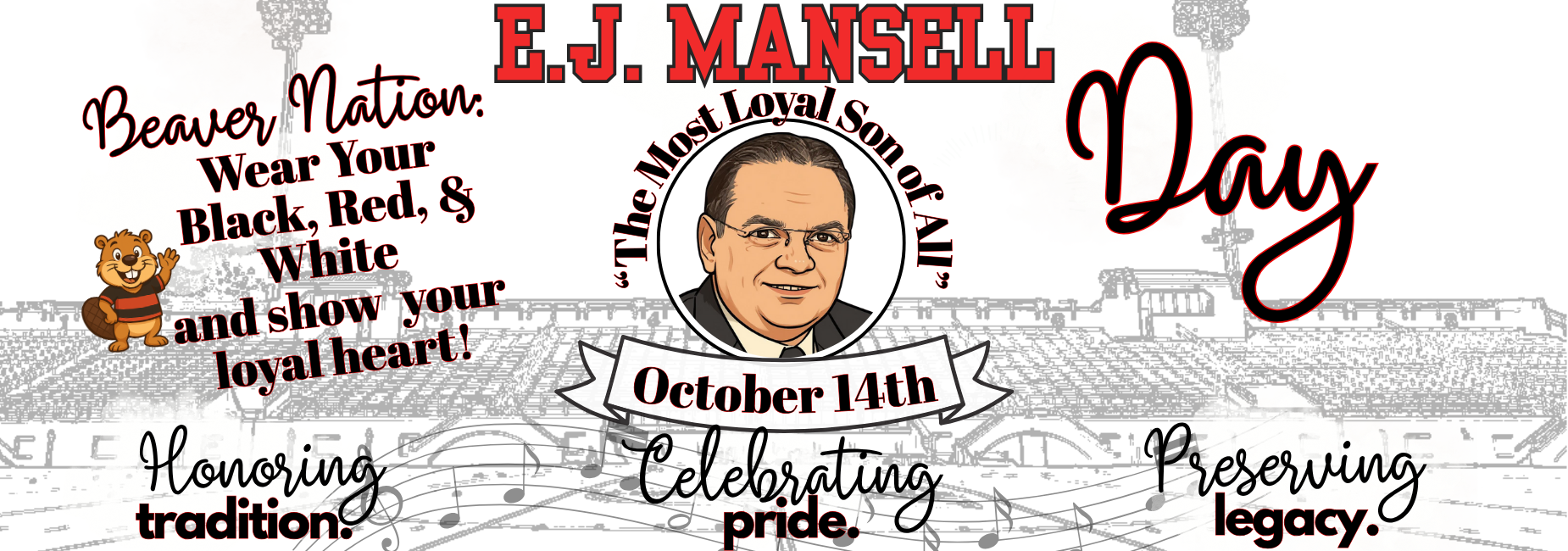 Promotional banner for E.J. Mansell Day on October 14th, featuring event details and a portrait.