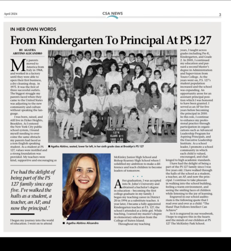 Black and white group photo of children and adults, along with a principal at PS 127.