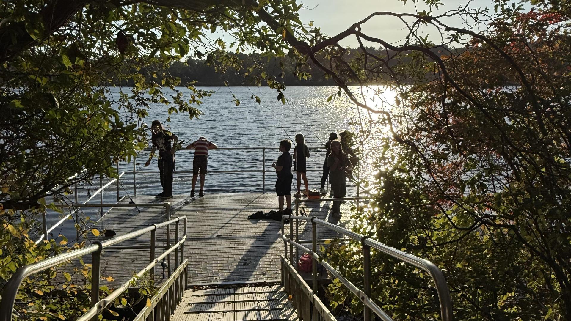 Students standing on a dock by the lake at Camp Hazen, surrounded by trees.