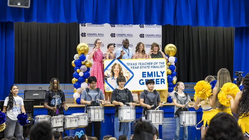 Emily Greer celebrates with Chapel Hill ISD after being named a 2027 Texas Teacher of the Year state finalist