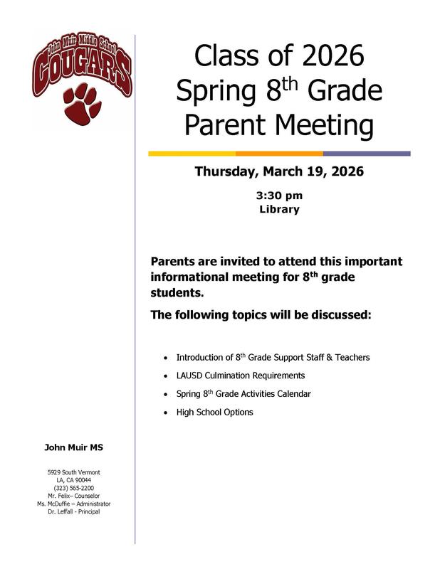 English flyer for 2026 Spring 8th grade parent meeting
