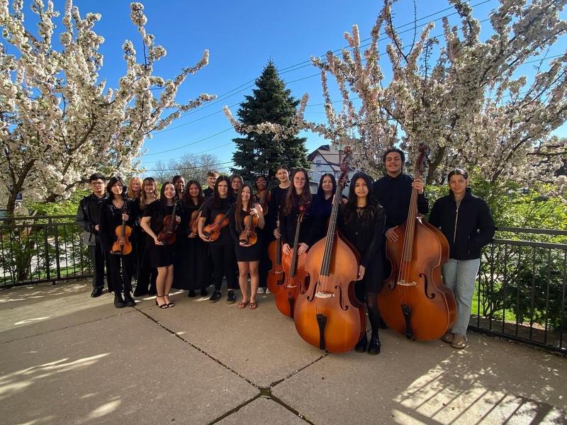 A group of musicians posing with string instruments near blossoming trees.