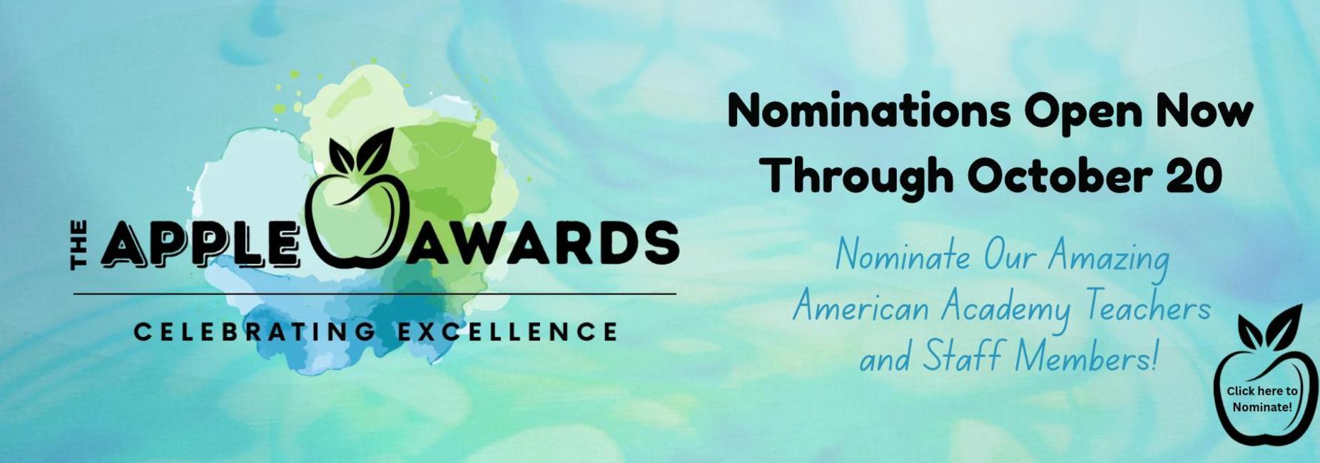 Promotional banner for the Apple Awards, inviting nominations for teachers and staff.