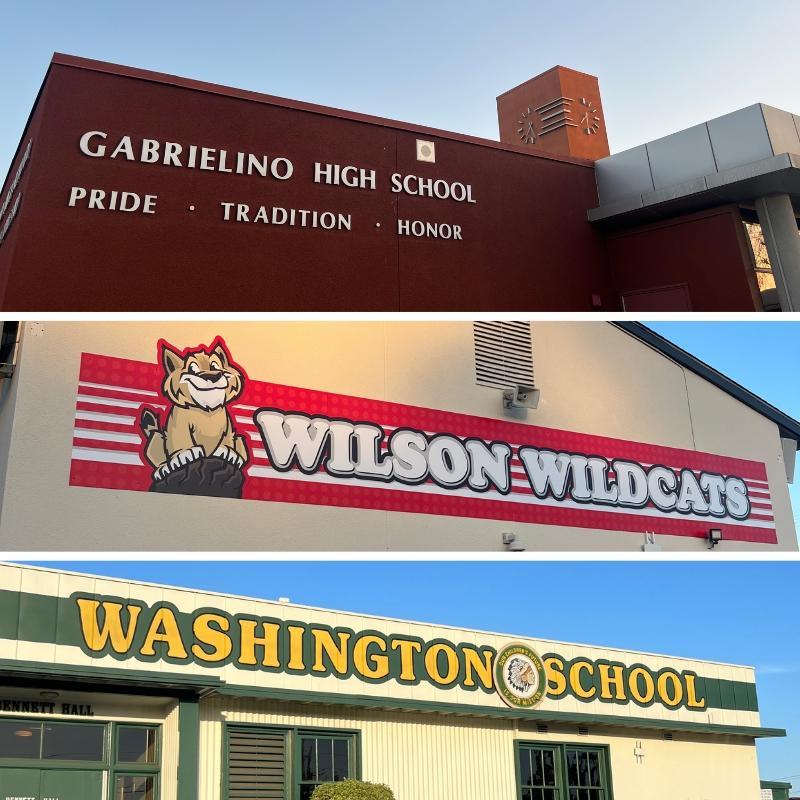 A composite image of the front of Gabrielino, Wilson, and Washington shools