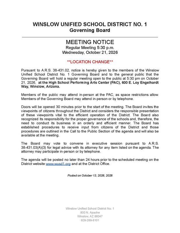 The next governing board meeting will be Wednesday, October 21, at the WHS Performing Arts Center Featured Photo