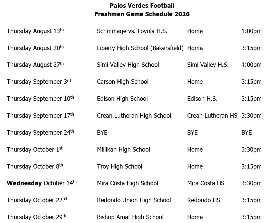 PV Sea King Football Freshman Game Schedule 2026