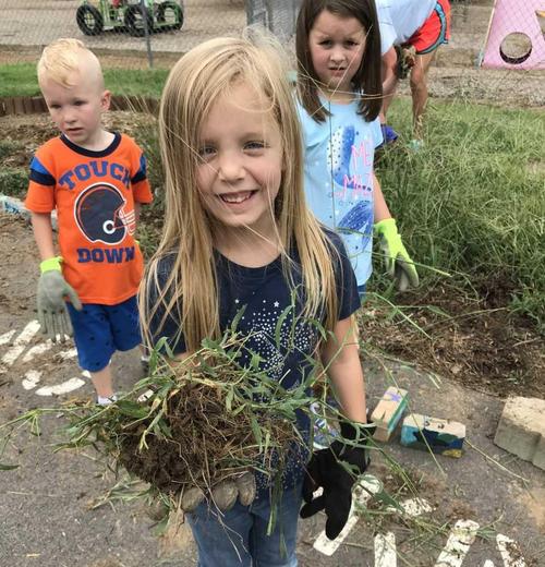 Kindergarten working hard to beatify our campus!