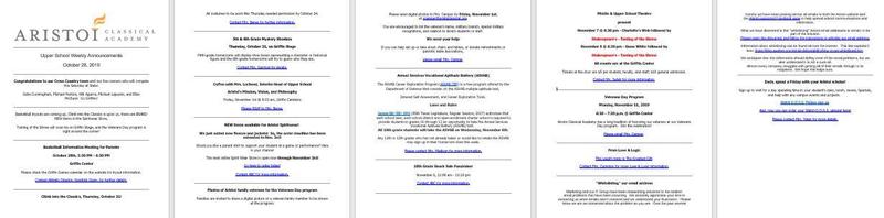 Upper School Weekly Announcements, October 28, 2019