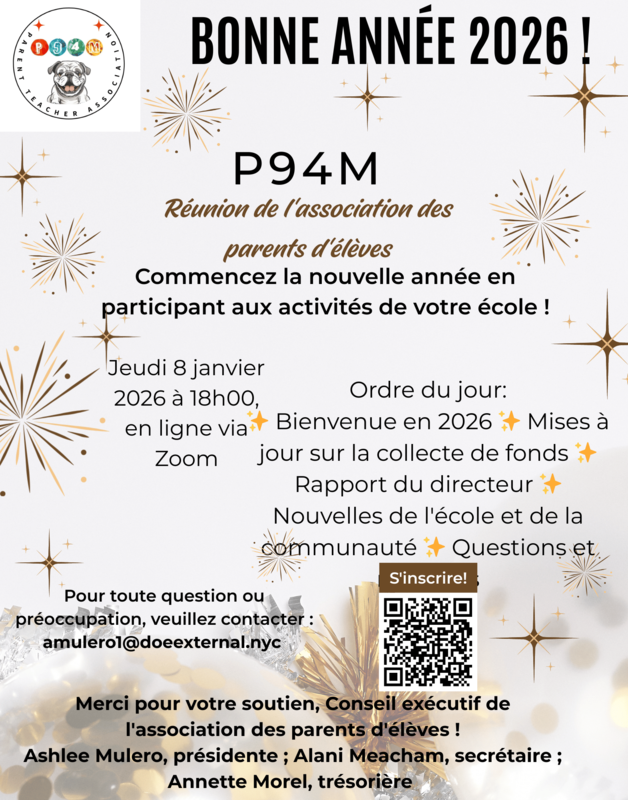Parent Association Meeting Occurring This Thursday, January 8th at 6PM with a QR to scan - French