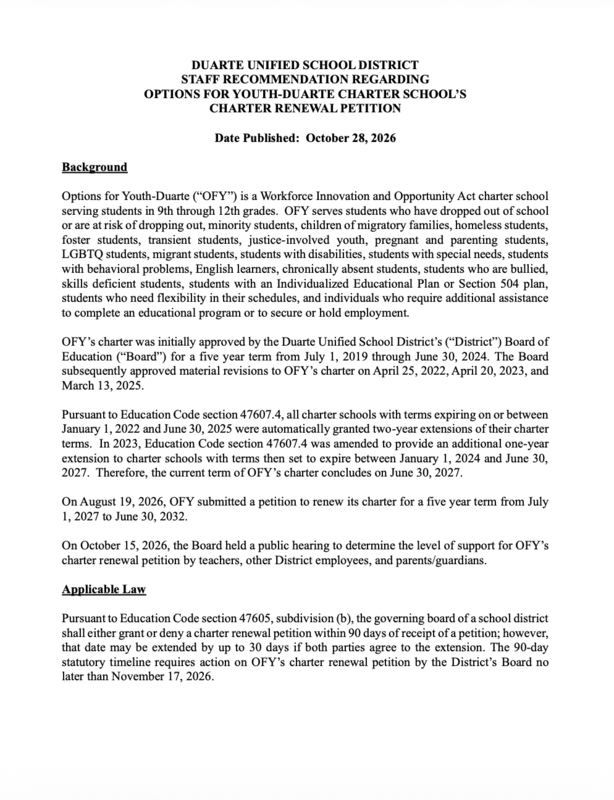 Front page of document titled Staff Recommendations Regarding Options for Youth