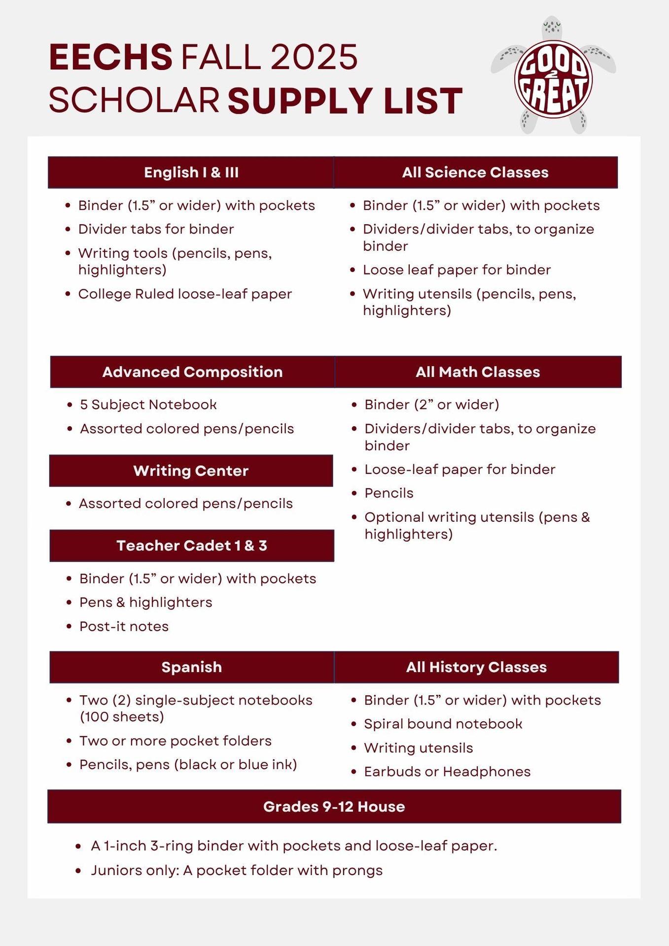 Fall 2025 Supply List