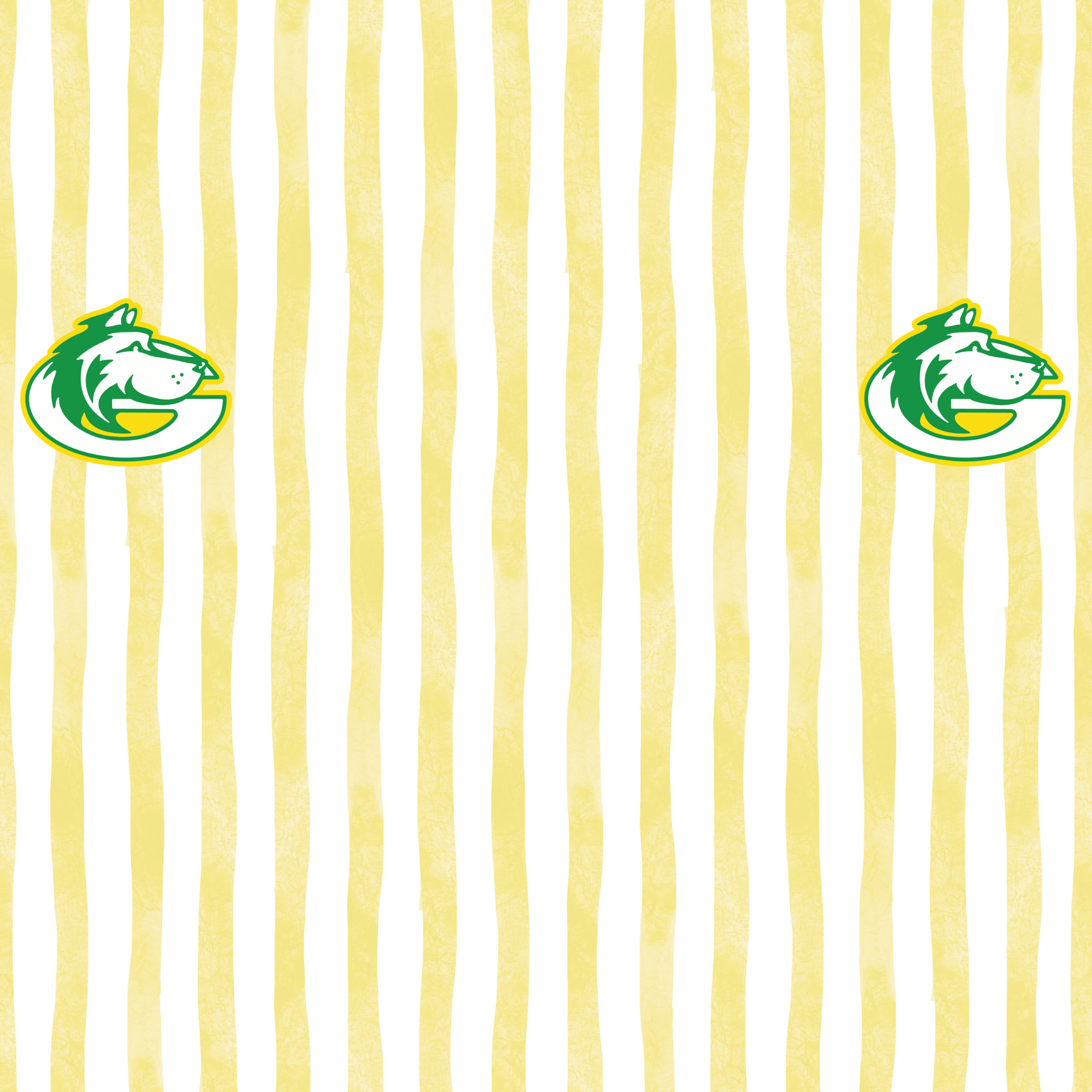Yellow striped background with two green and yellow logos of a wolf.