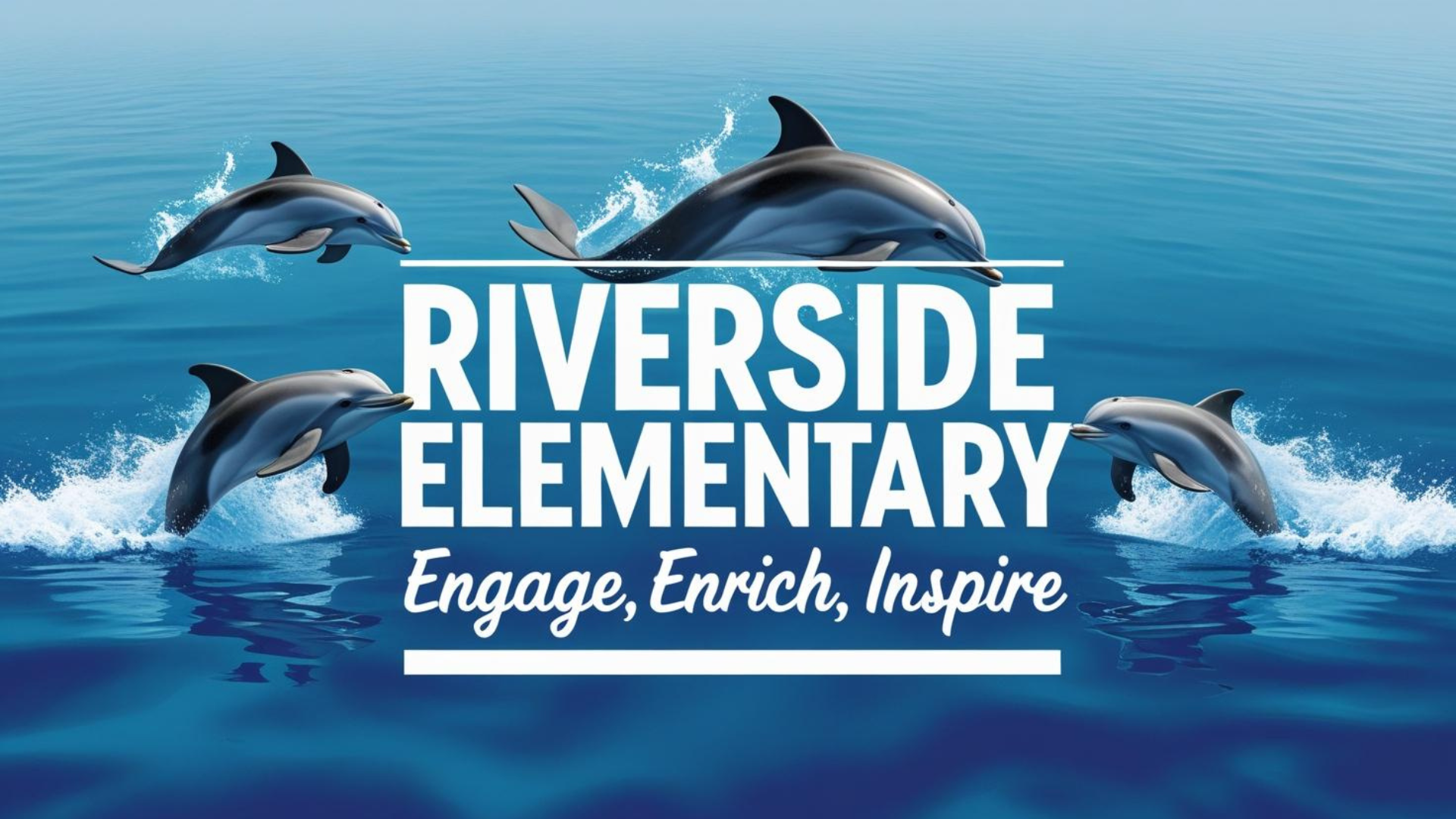 Four dolphins leaping over water with the text 'Riverside Elementary Engage, Enrich, Inspire'.