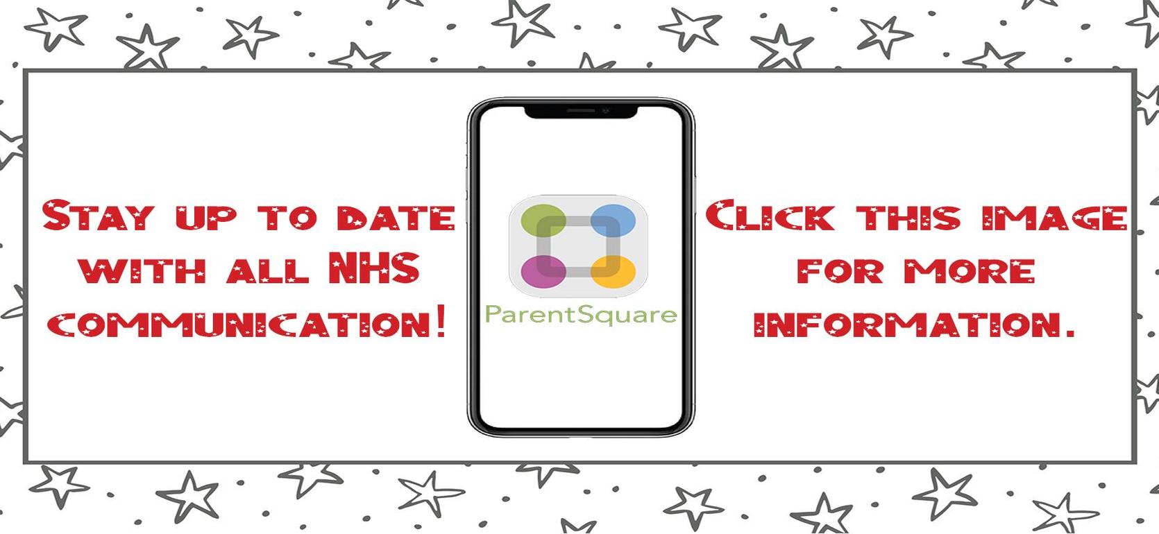 Text promoting NHS communication with link to ParentSquare app on smartphone.