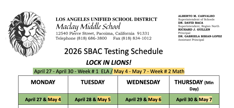 Maclay Special SBAC Testing Schedule