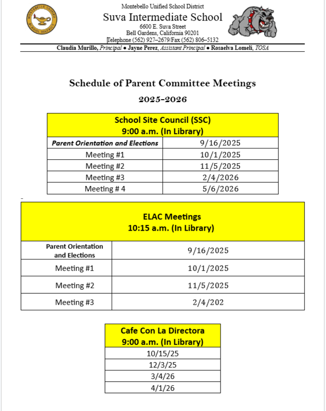 Schedule of Parent Committe Meetings 2025-2026
