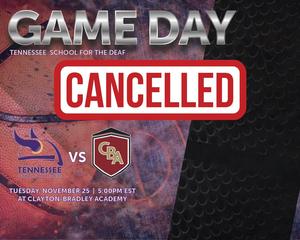 Game day announcement with 'CANCELLED' sign and team logos.