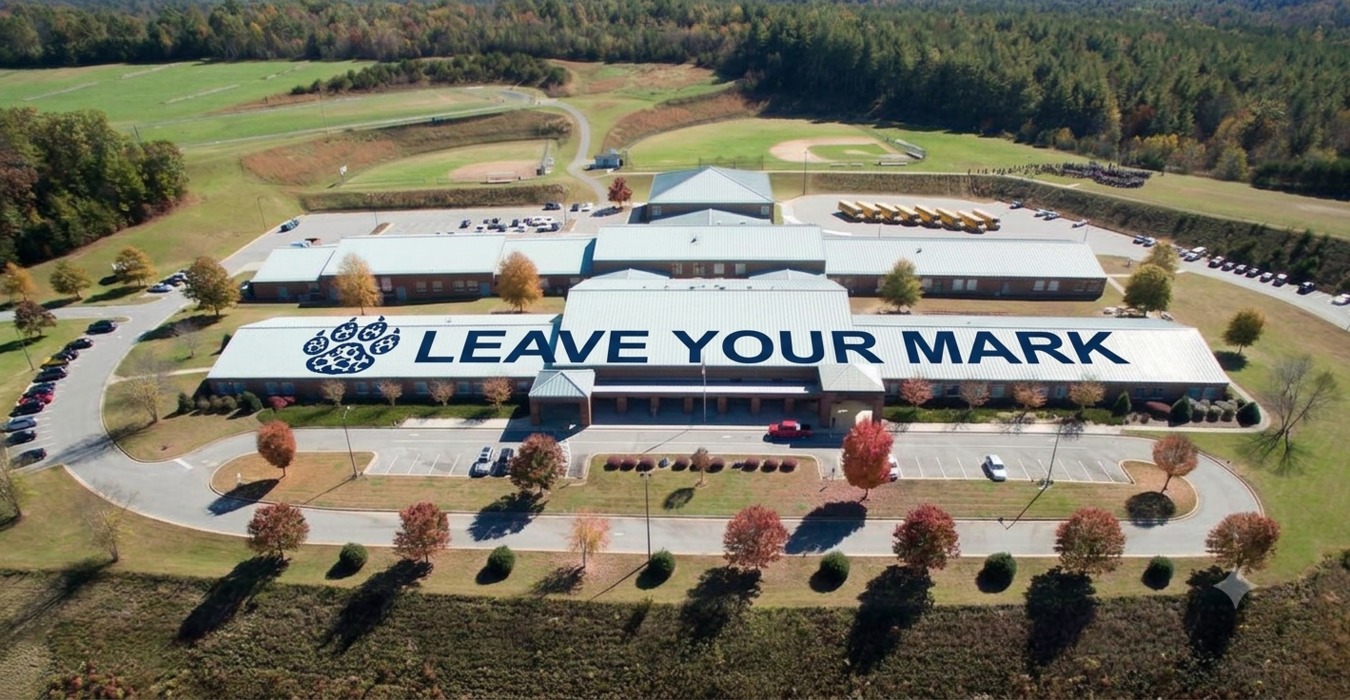 Aerial view of a school building with autumn trees and a sports field.
