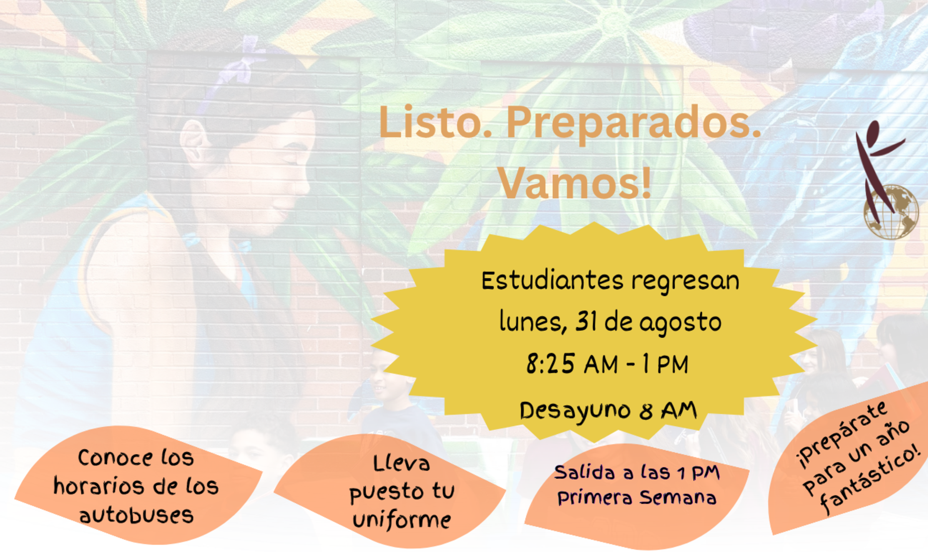 Spanish version of the student return announcement with colorful visuals and essential details.